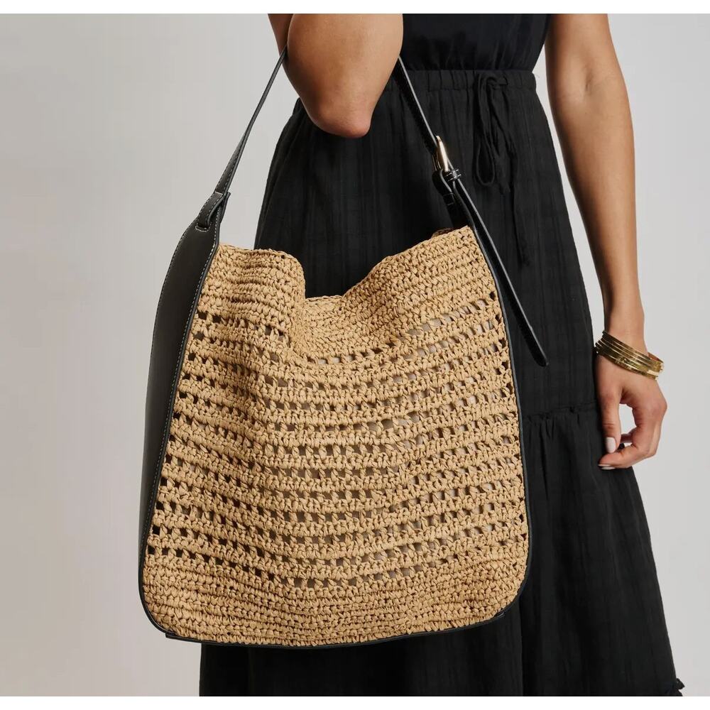Moda Luxe Tan Woven Shoulder Bag with Black Trim - Picture 4 of 9